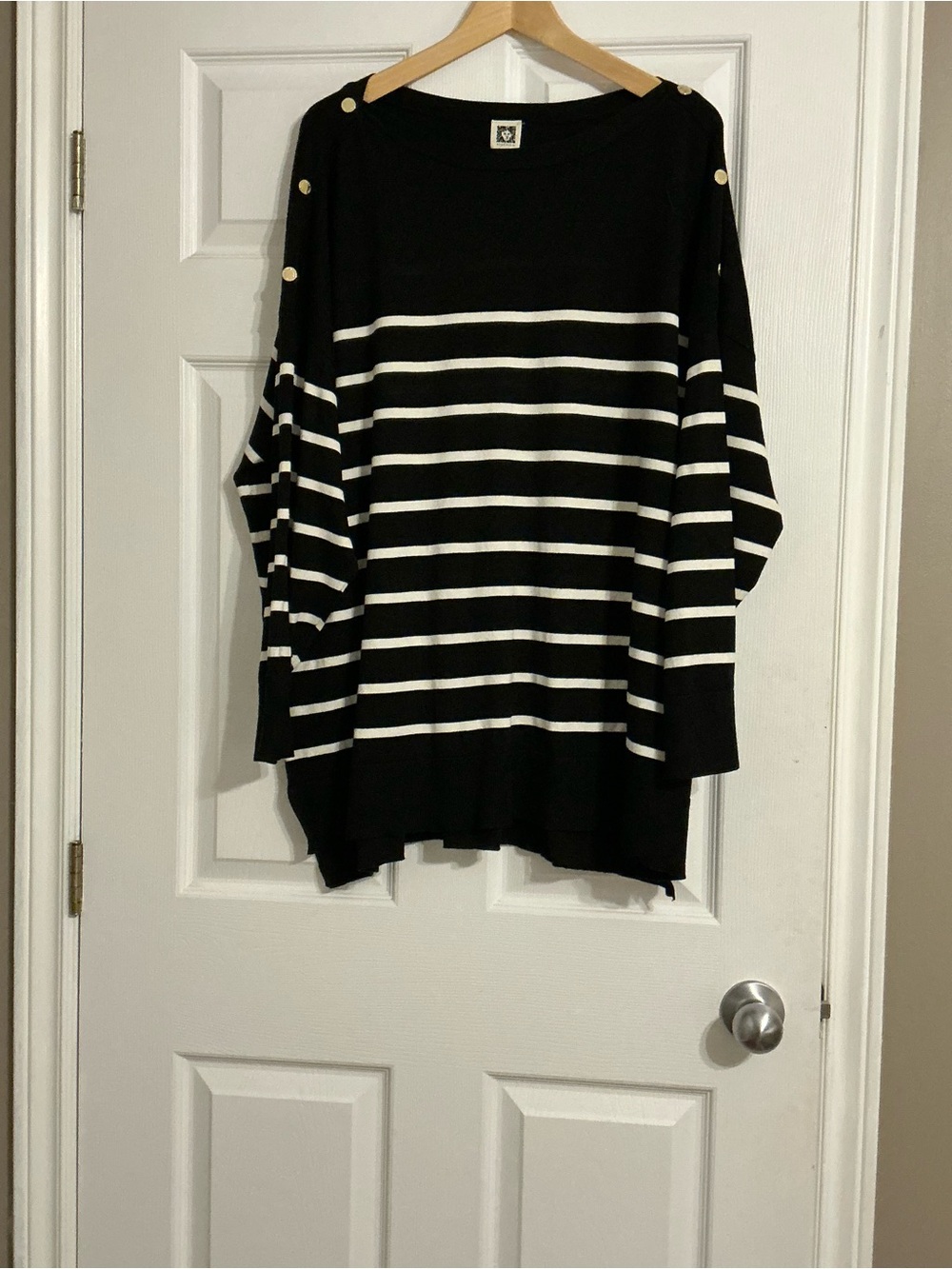 Anne Klein Plus Sized Striped Black and White Boatneck Sweater with Buttons